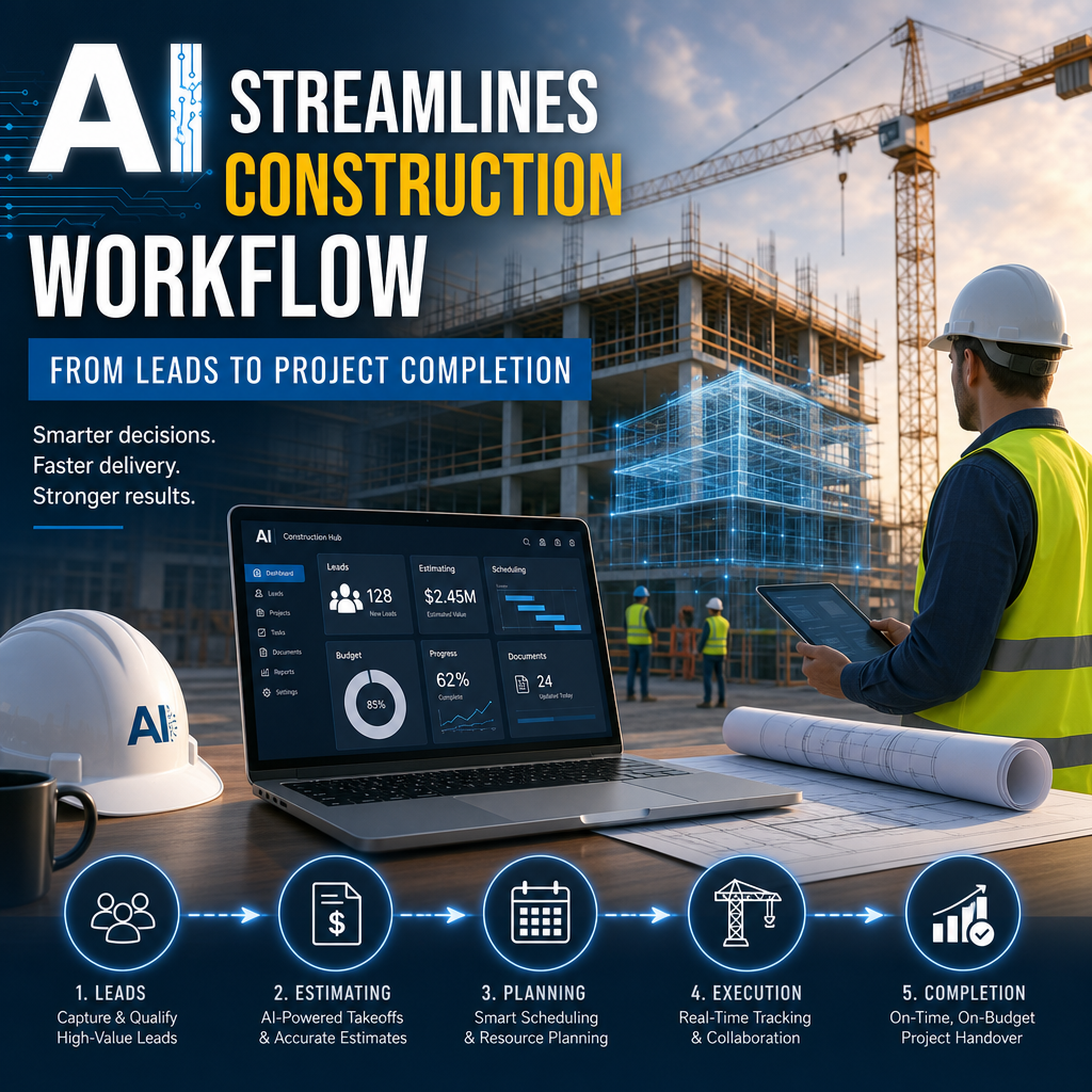 AI construction workflow streamlining leads, estimates, and project completion with smart technology