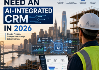 Bay Area construction worker using an AI-integrated CRM with city skyline in the background