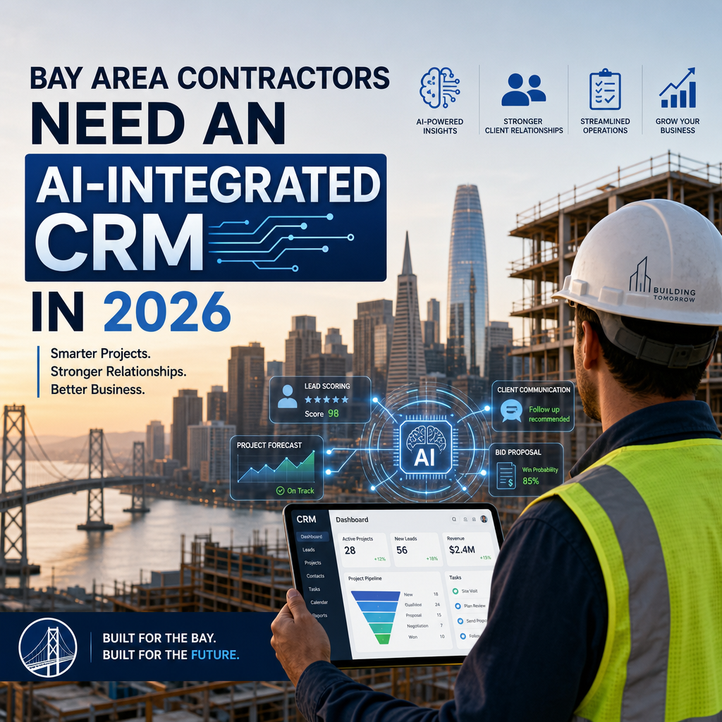 Bay Area construction worker using an AI-integrated CRM with city skyline in the background
