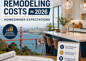 Homeowners reviewing Bay Area remodeling costs and a 2026 budget estimate on a kitchen table