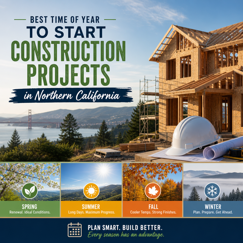 Construction project site with Northern California scenery and seasonal planning tips.