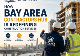 Construction professionals discussing a building project with San Francisco skyline and Bay Area Contractors Hub branding