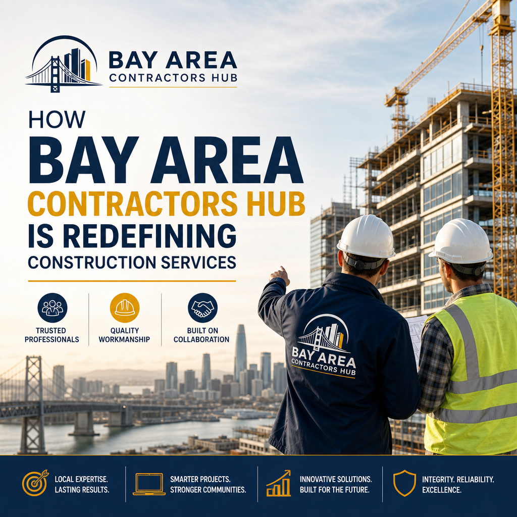 Construction professionals discussing a building project with San Francisco skyline and Bay Area Contractors Hub branding