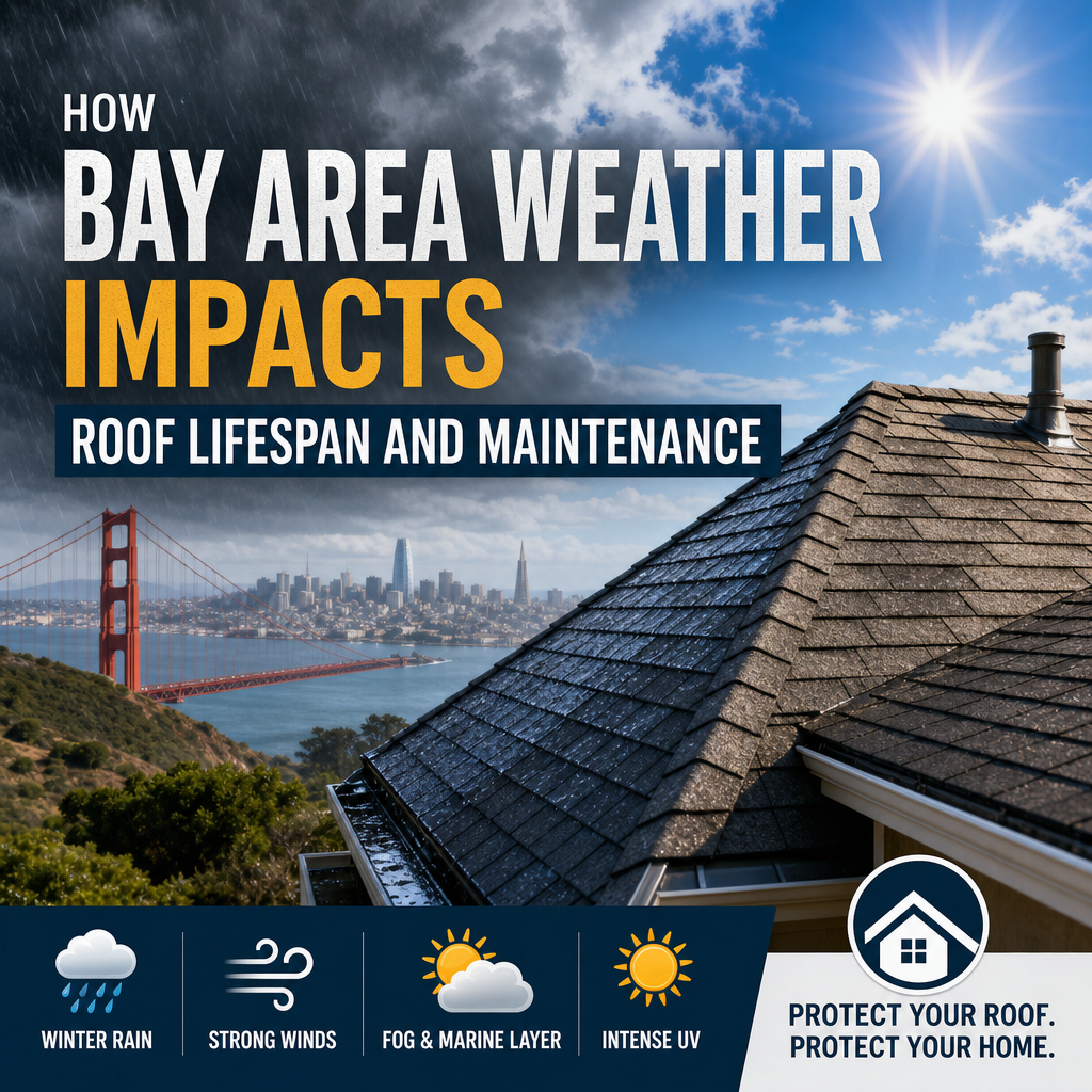 Bay Area roof under fog, rain, wind, and sun showing weather impacts on lifespan and maintenance