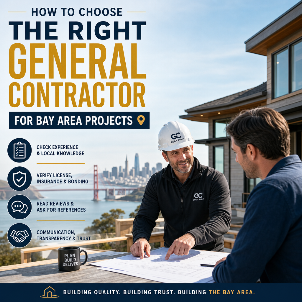 Illustration of a general contractor with checklist icons for licensing, reviews, experience, and communication.