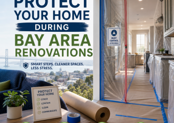 Bay Area home renovation with dust barriers, floor protection, and safety gear in a remodeled room