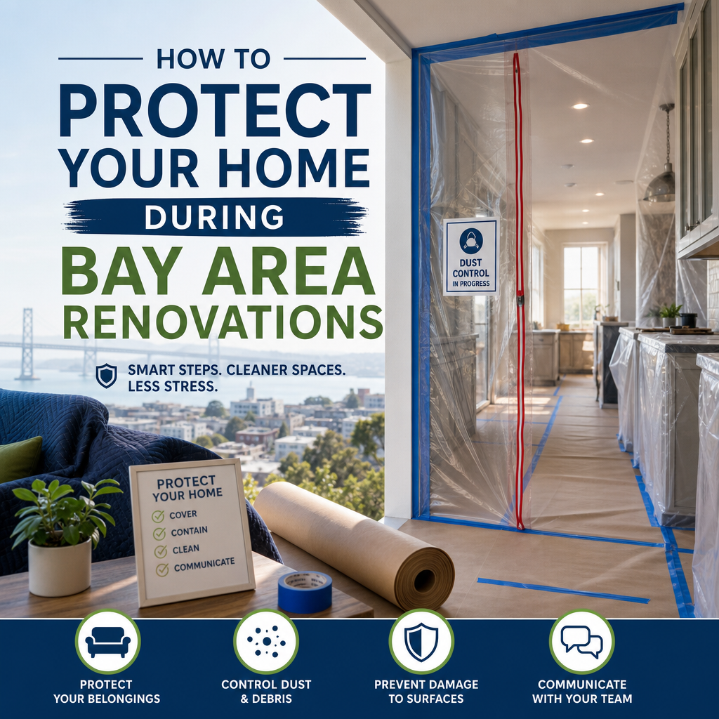Bay Area home renovation with dust barriers, floor protection, and safety gear in a remodeled room