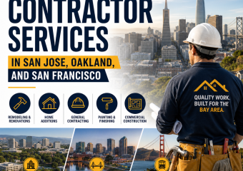 Illustration of contractor services: remodeling, home additions, painting, and commercial construction in Bay Area cities