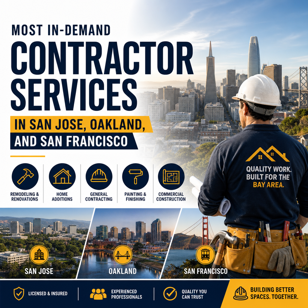 Illustration of contractor services: remodeling, home additions, painting, and commercial construction in Bay Area cities