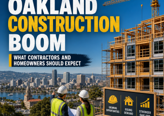 Oakland skyline with cranes and construction crews, showing a booming market and growth opportunities