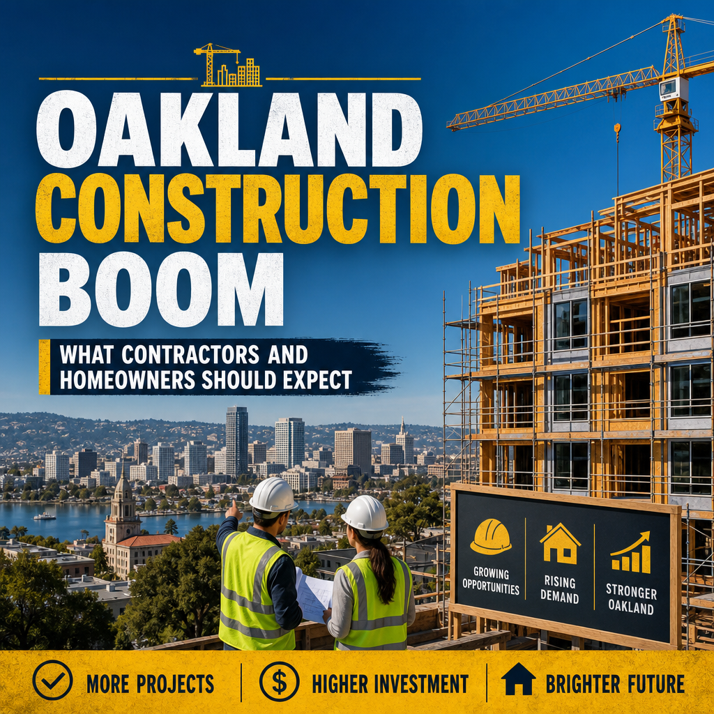 Oakland skyline with cranes and construction crews, showing a booming market and growth opportunities