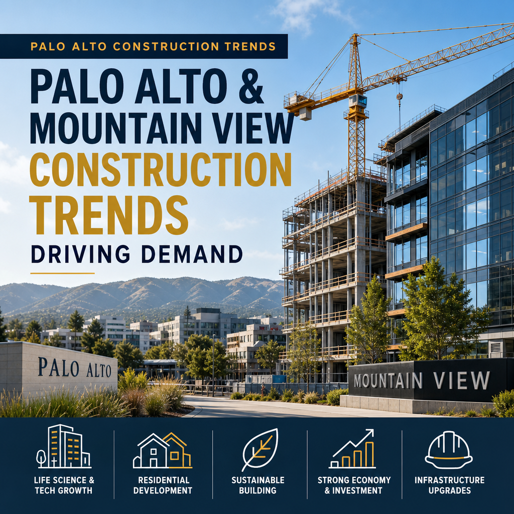 Illustration of Palo Alto and Mountain View construction trends with homes, cranes, and sustainable building icons
