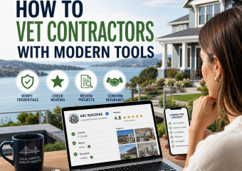 Homeowners reviewing contractor profiles and verification tools on a laptop and phone