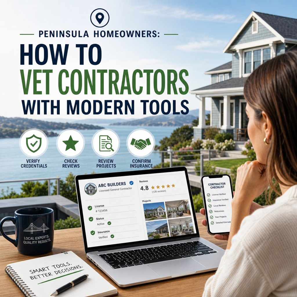 Homeowners reviewing contractor profiles and verification tools on a laptop and phone