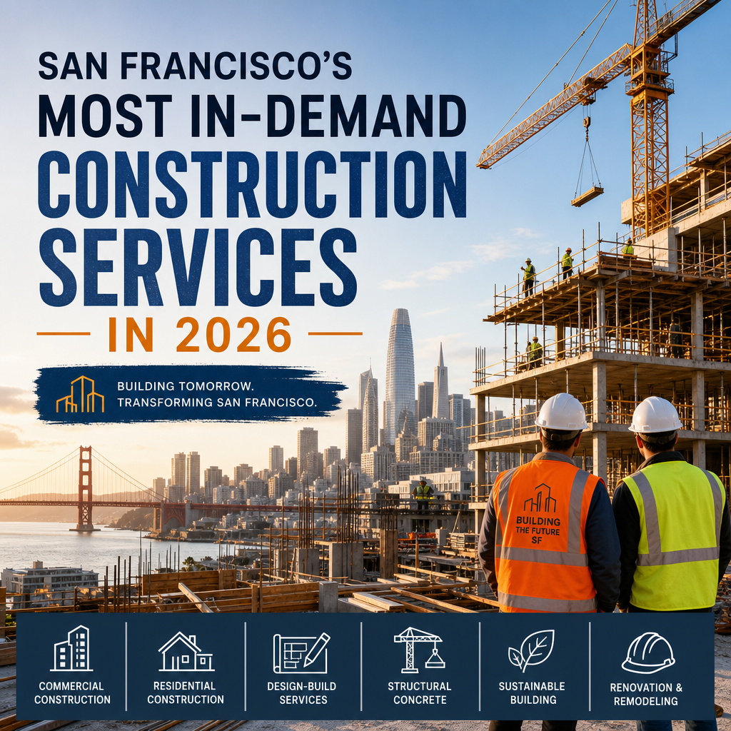San Francisco construction workers overlooking skyline with text on in-demand construction services in 2026