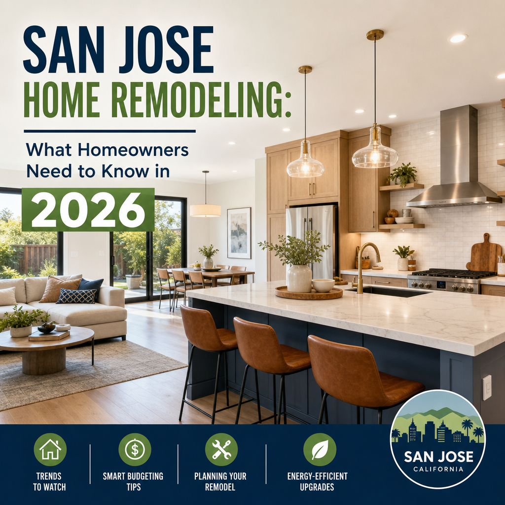 A bright modern kitchen and living room highlight smart, stylish San Jose home remodeling ideas for 2026. Modern kitchen and living room showcasing San Jose home remodeling trends for 2026