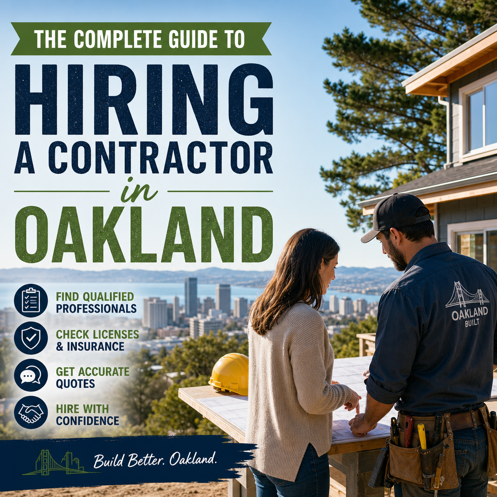 Licensed contractor reviewing Oakland home renovation plans with checklist and quote documents