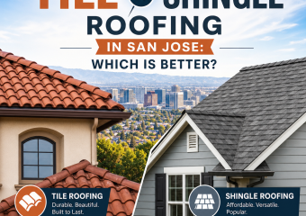 Comparison graphic of tile vs. shingle roofing in San Jose, showing durability, cost, curb appeal, and lifespan