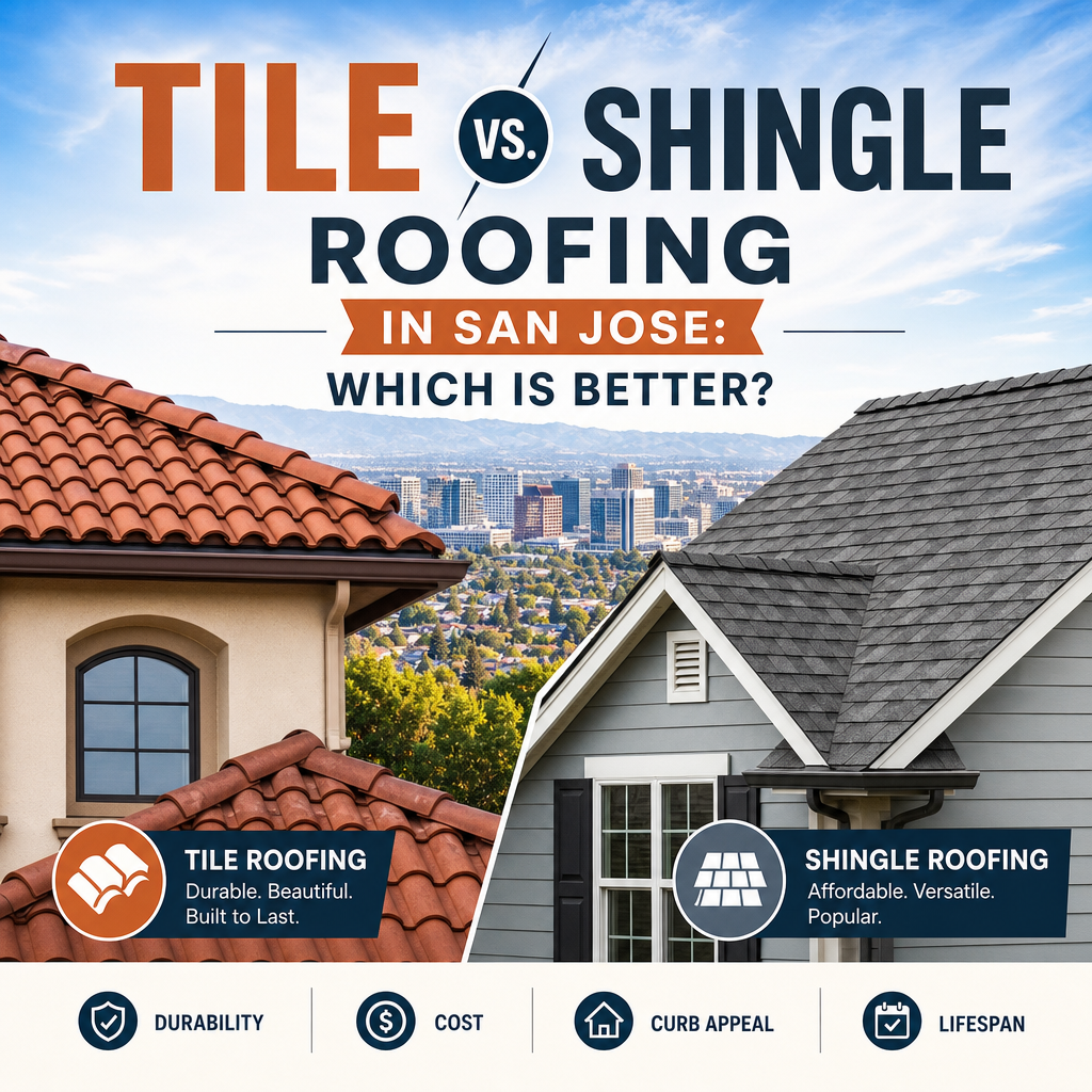Comparison graphic of tile vs. shingle roofing in San Jose, showing durability, cost, curb appeal, and lifespan
