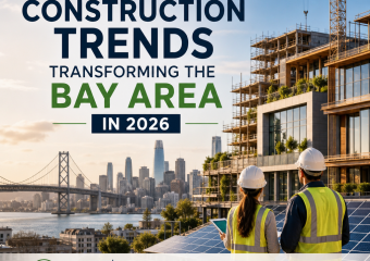 Bay Area skyline with construction icons for sustainable building, modular prefab, smart tech, and workforce growth