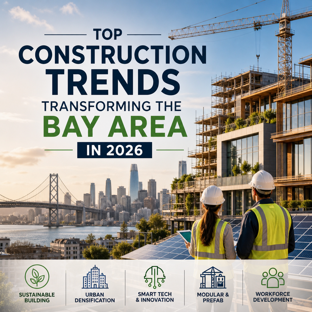 Bay Area skyline with construction icons for sustainable building, modular prefab, smart tech, and workforce growth