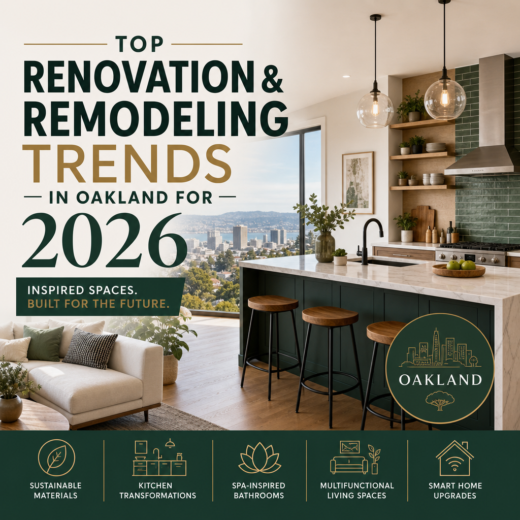 Oakland home renovation trends with sustainable materials, modern kitchen, spa bathroom, and smart upgrades
