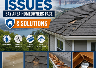 Roofing diagram showing roof leaks, damaged shingles, clogged gutters, and poor ventilation solutions