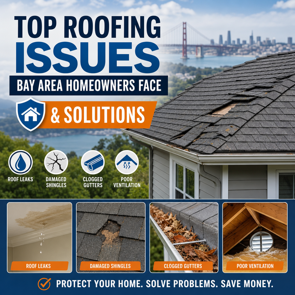 Roofing diagram showing roof leaks, damaged shingles, clogged gutters, and poor ventilation solutions