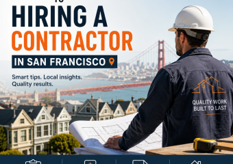 Illustration of a San Francisco contractor guide with city skyline and construction tools