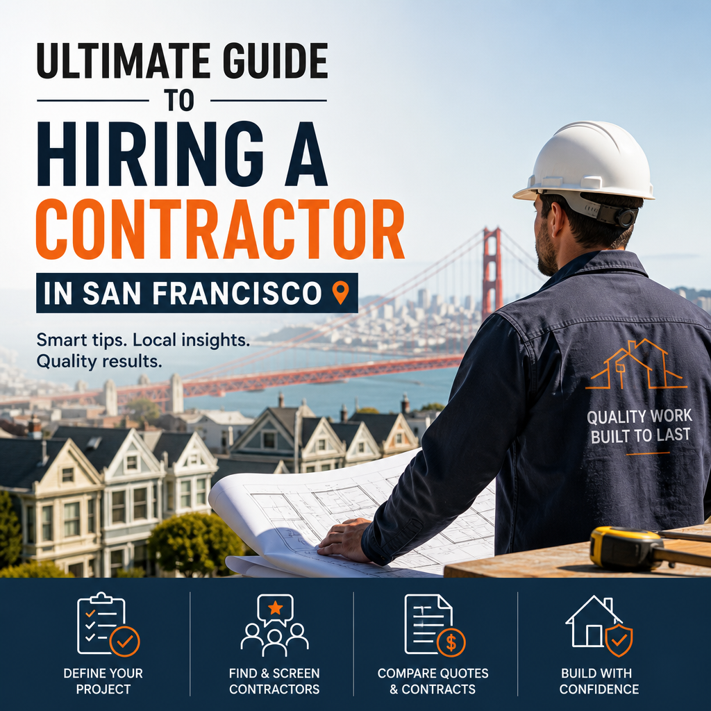 Illustration of a San Francisco contractor guide with city skyline and construction tools