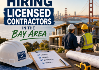 Illustration of Bay Area homeowners checking contractor licenses, references, and project plans before hiring.