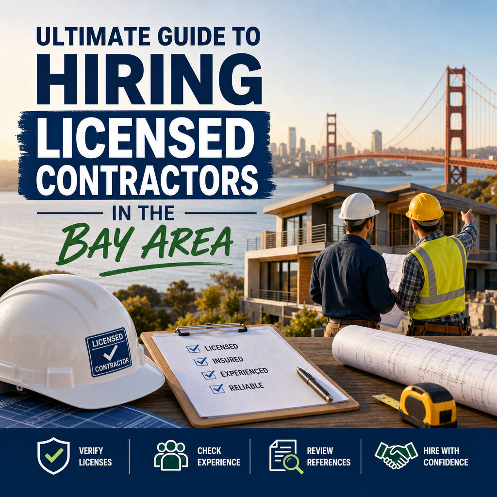 Illustration of Bay Area homeowners checking contractor licenses, references, and project plans before hiring.