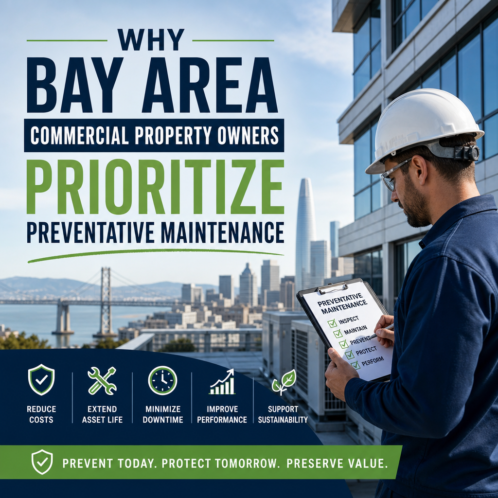 Bay Area commercial building owner reviewing preventative maintenance plans with contractor near a property