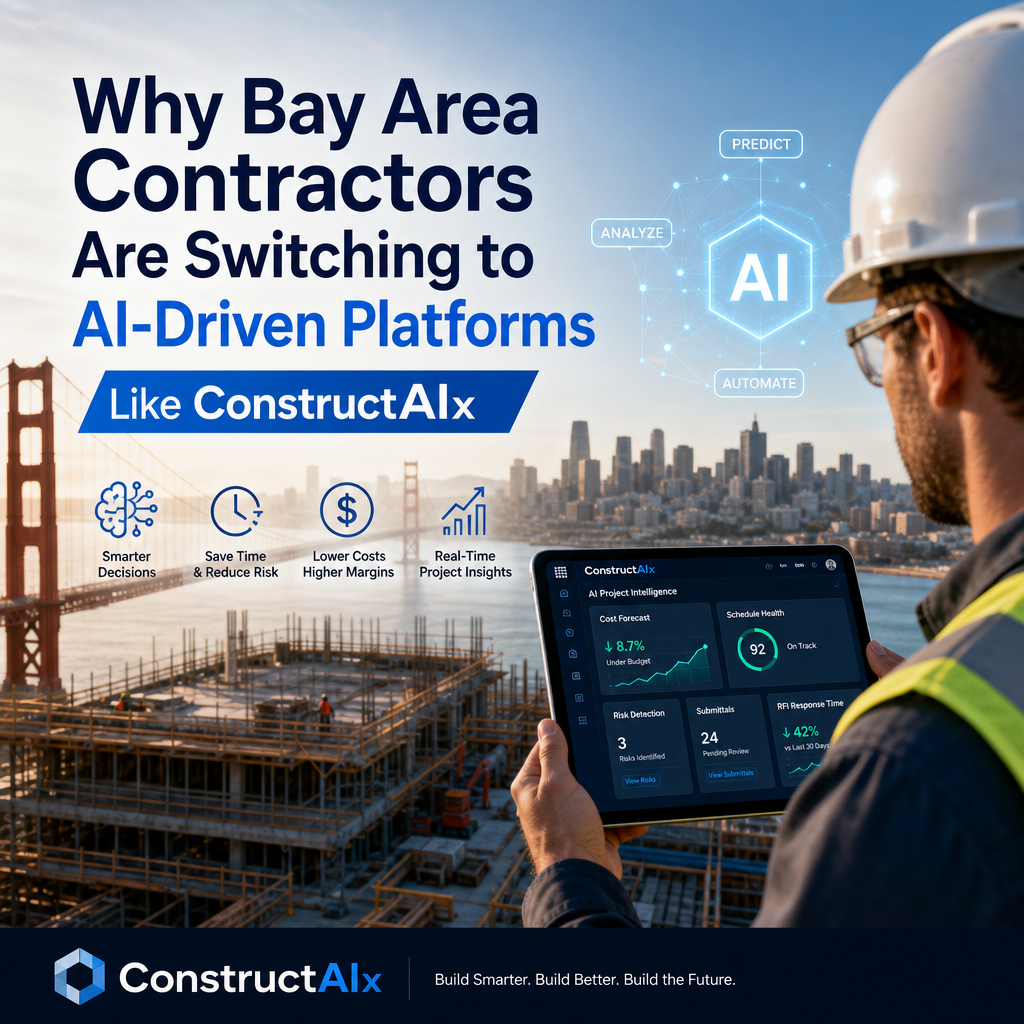Construction worker using AI-driven platform ConstructAIx on a tablet at a Bay Area construction site
