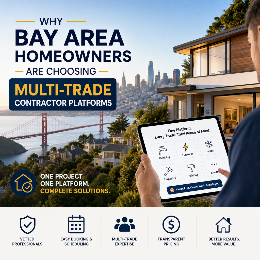 Bay Area homeowner using a multi-trade contractor platform to book vetted plumbers, electricians, and carpenters