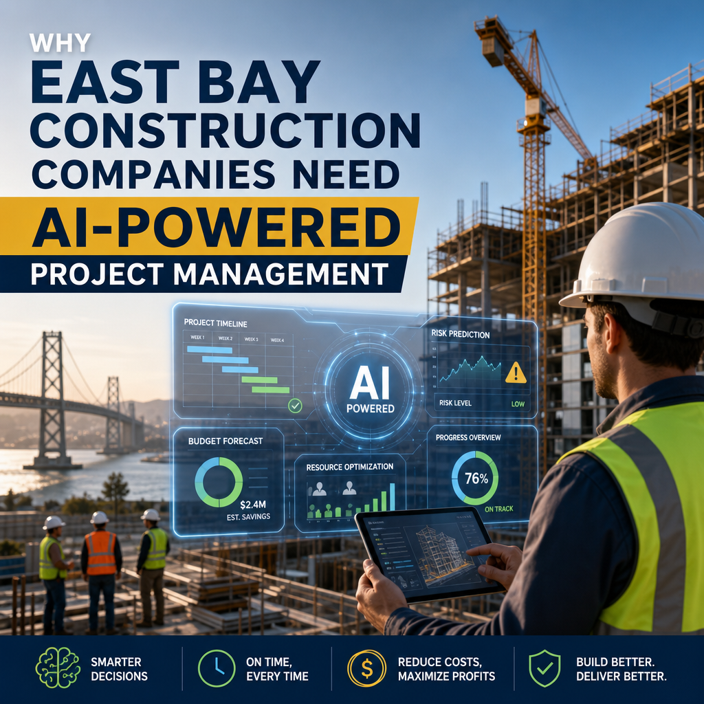 East Bay construction site with AI-powered project management technology improving efficiency and decisions