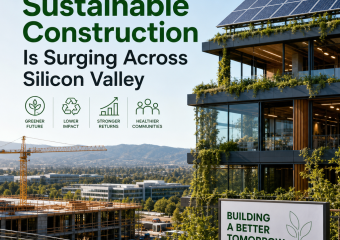 Silicon Valley skyline with green buildings representing sustainable construction and a greener future