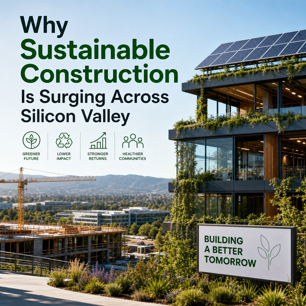Silicon Valley skyline with green buildings representing sustainable construction and a greener future